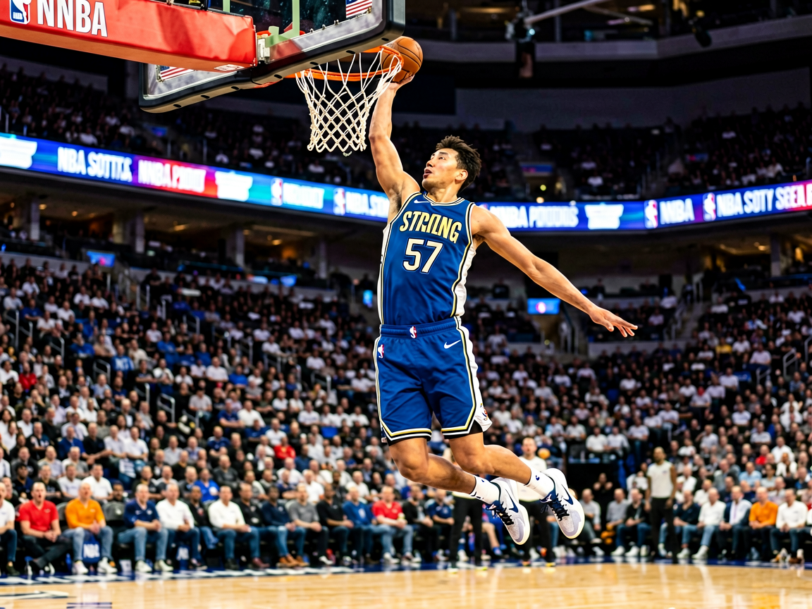 NBA比赛精彩瞬间，球员在空中完成扣篮的动感画面