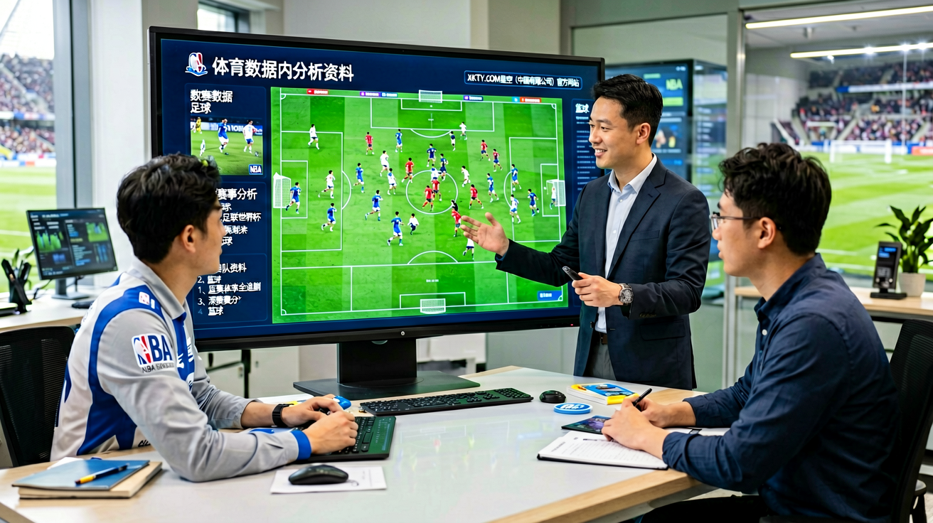 体育数据分析工作台，教练与分析师在战术板前研究比赛数据